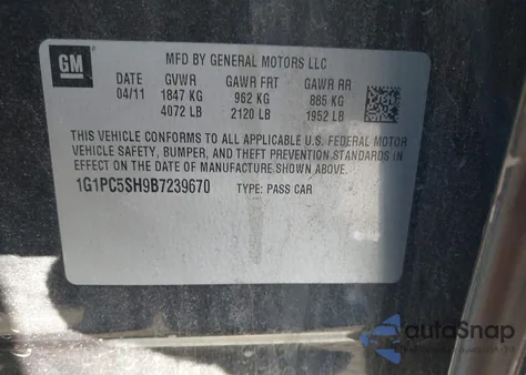 2011 Chevrolet Cruze Ls z USA, uszkodzony, nr VIN 1G1PC5SH9B7239670